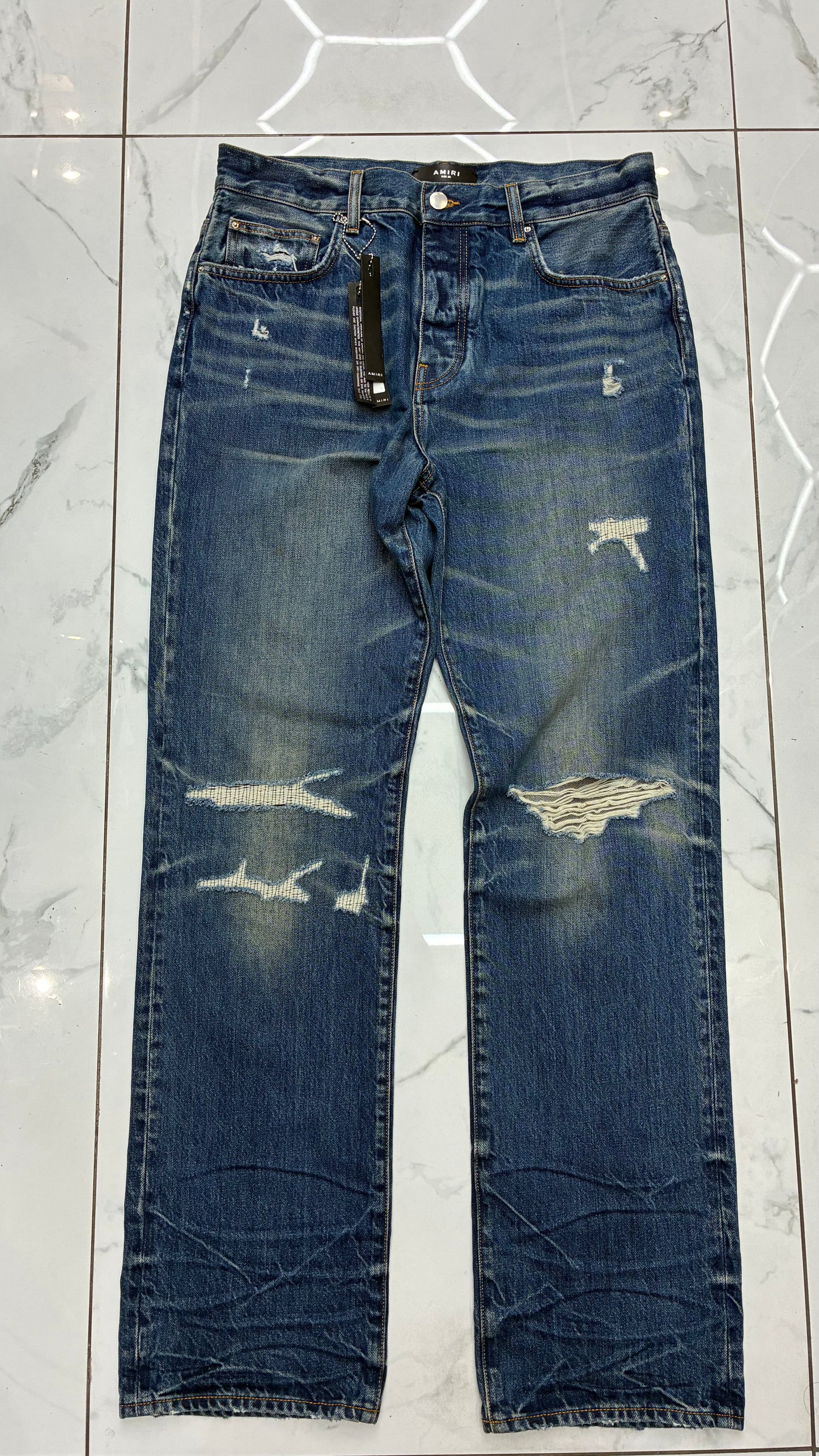 Amiri Men's Straight Leg Distressed Indigo Fractured