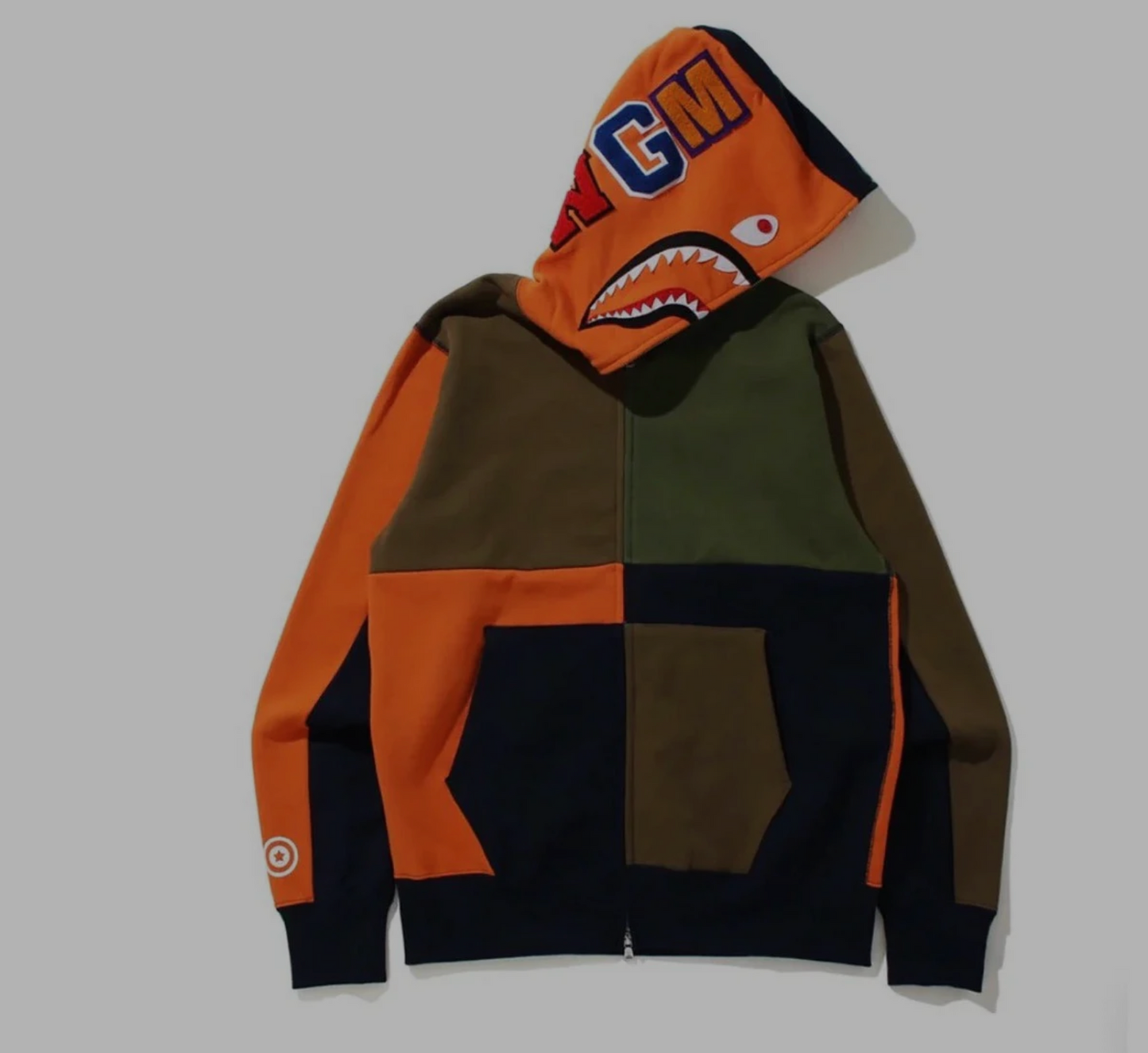 Bape Multi Color Orange Patchwork Orange Shark Full Zip Hoodie