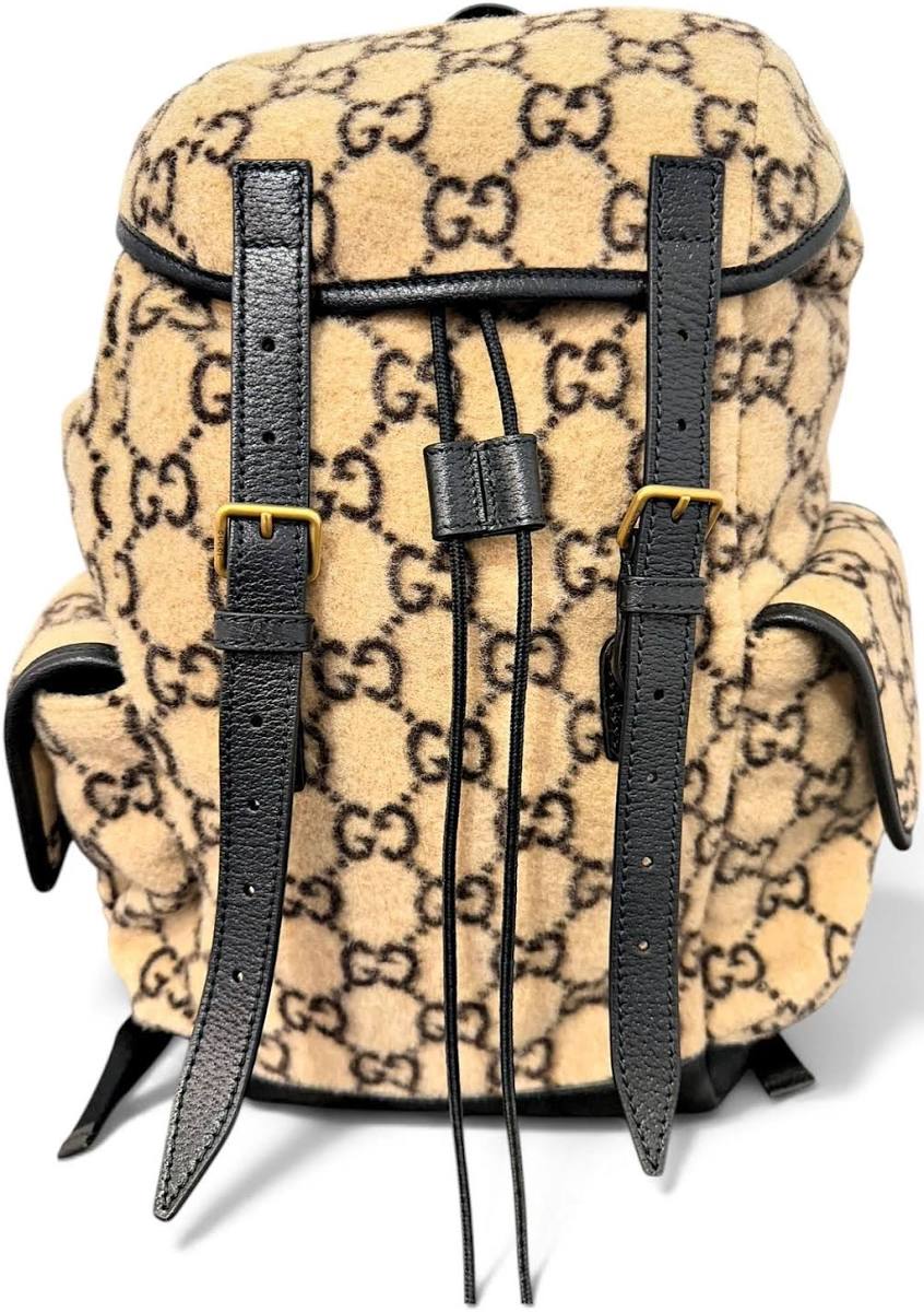 GUCCI GG Wool Backpack Beige Black Leather Drawstring Flap