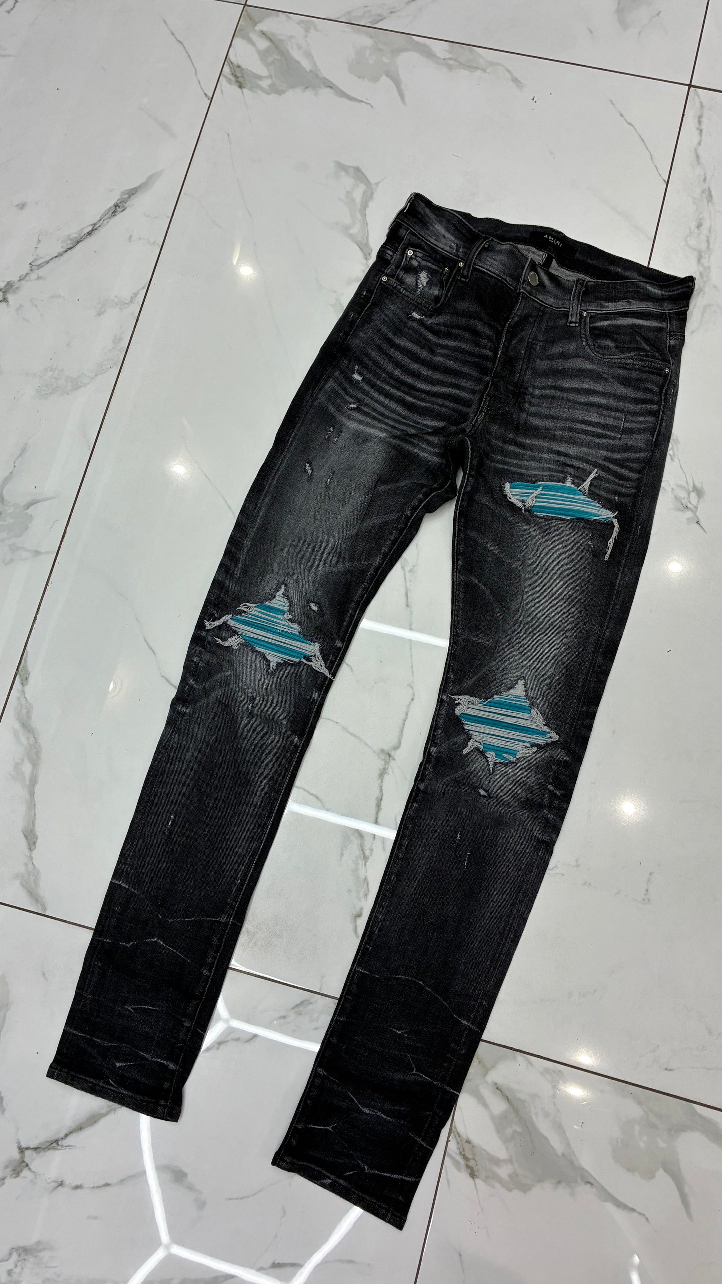 AMIRI GREY MX1 SUEDE TEAL PATCH