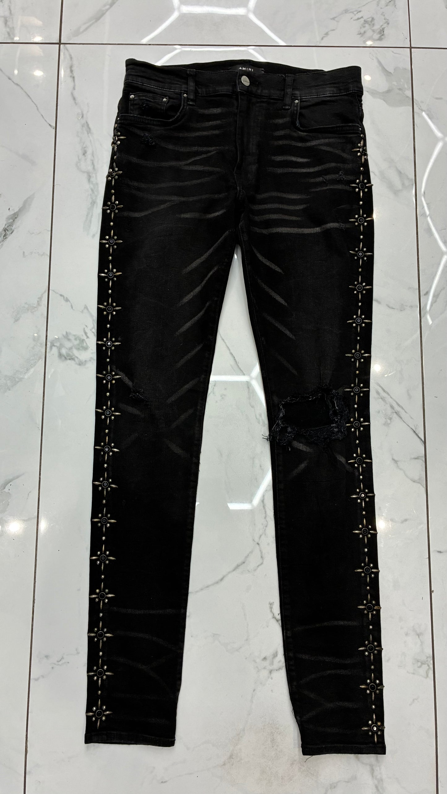 AMIRI Side Studded Broken Jean in Rough Black