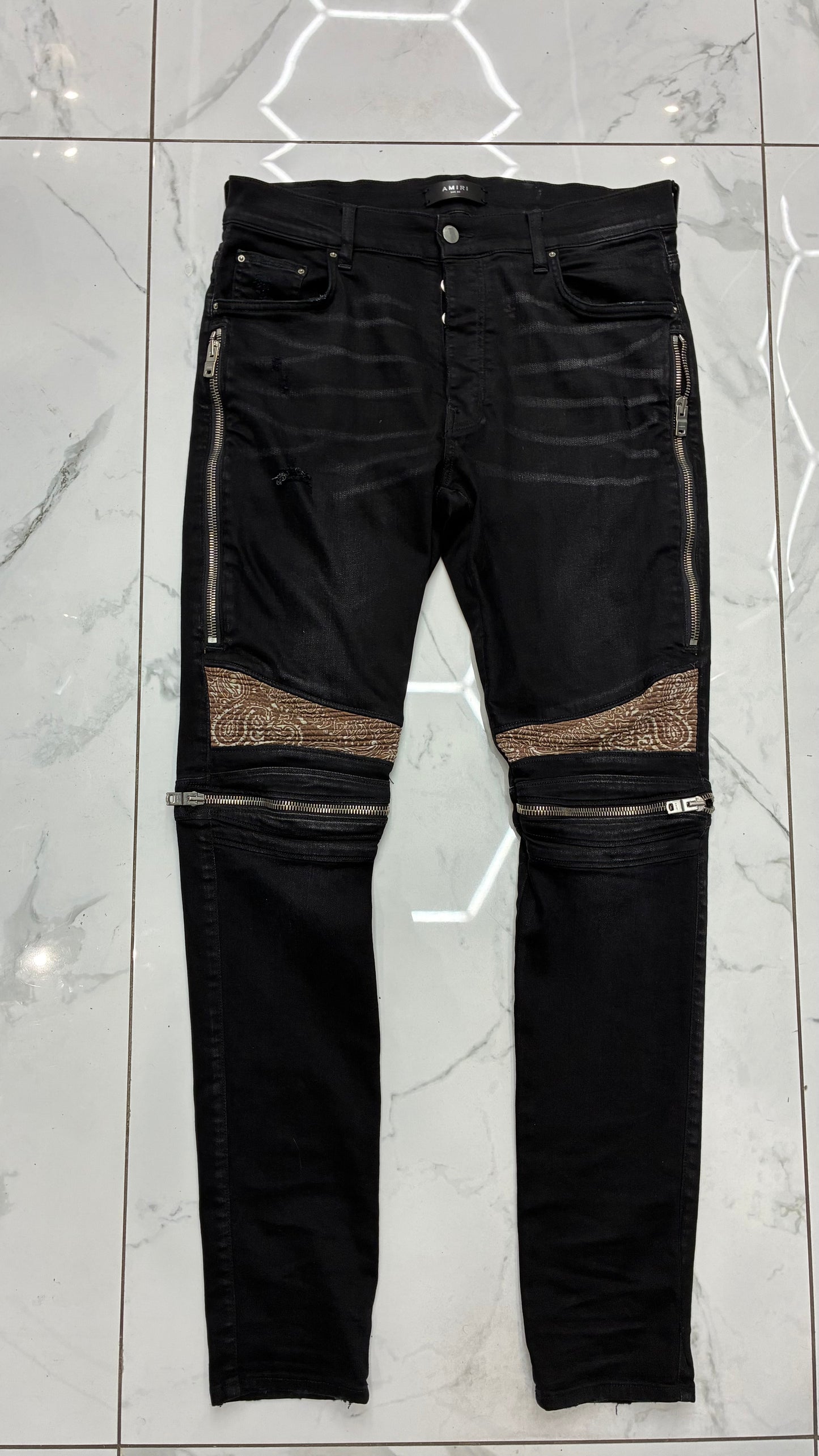 AMIRI MX2 BROWN Bandana Zip Knee Skinny Jeans Black