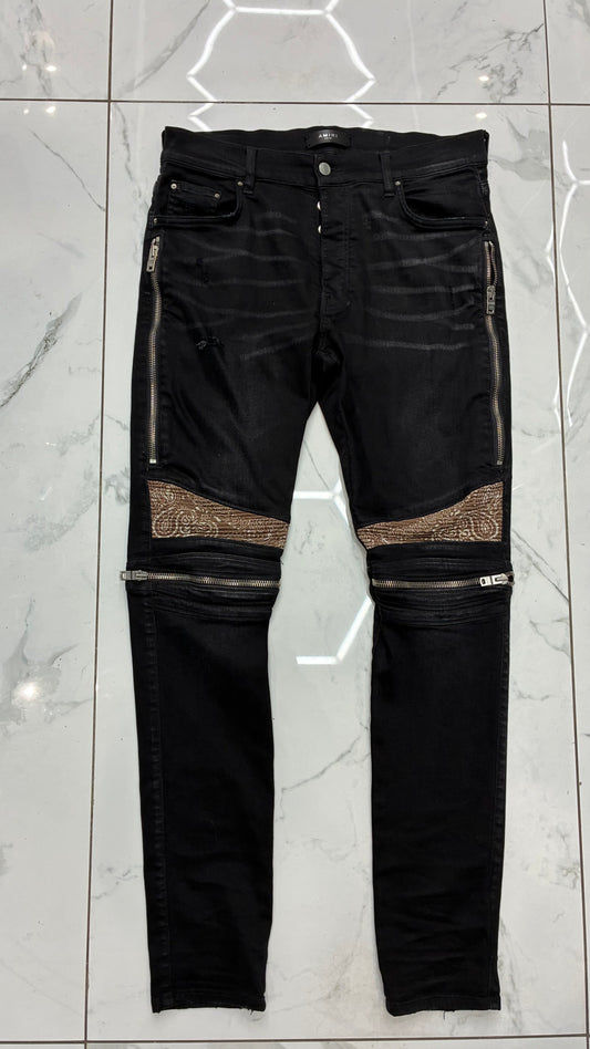 AMIRI MX2 BROWN Bandana Zip Knee Skinny Jeans Black