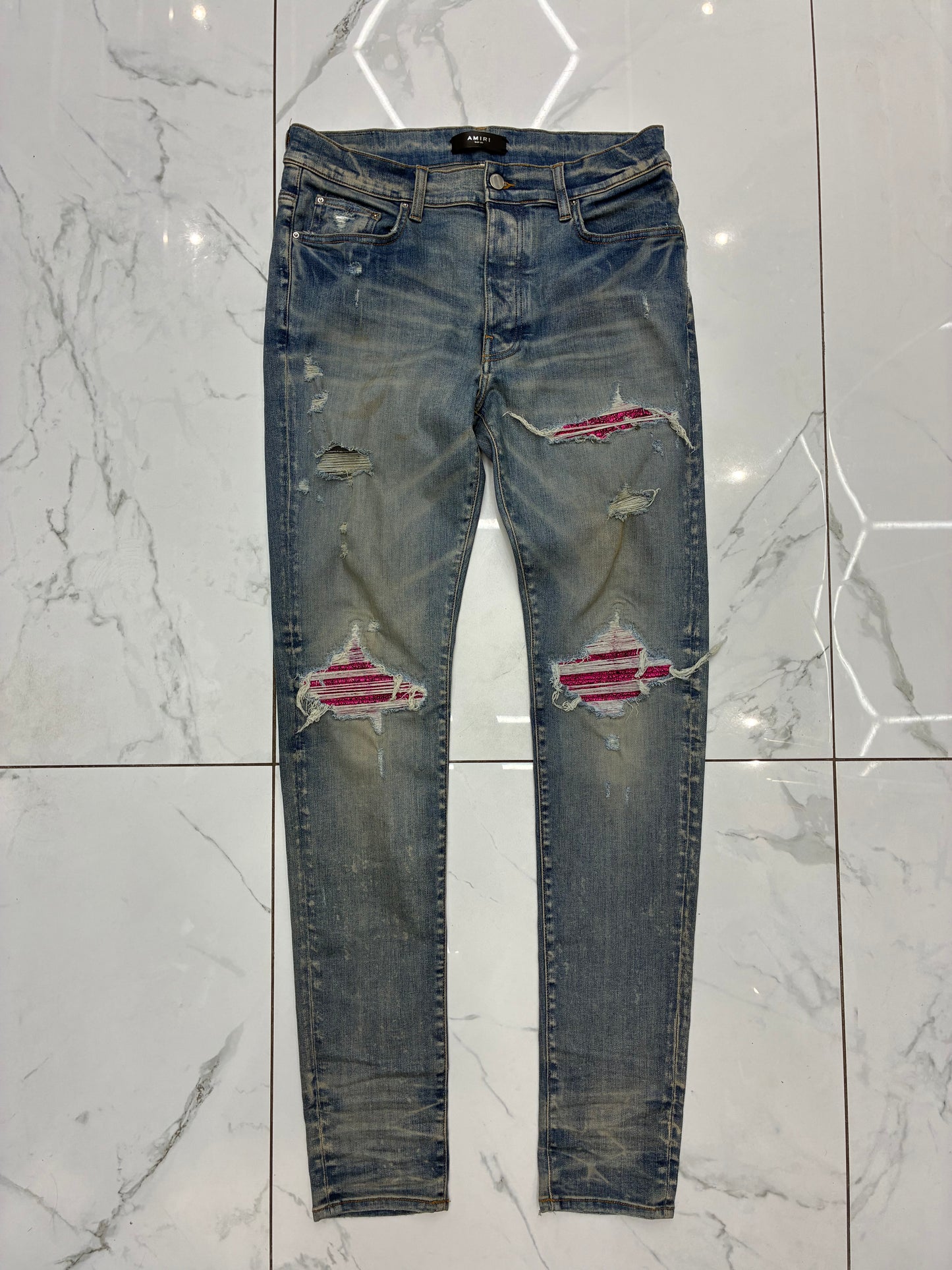 AMIRI MX1 CRACKED PINK LEATHER PATCHED JEAN