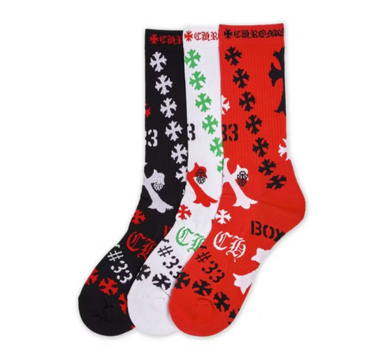 Chrome Hearts Stencil Socks (3 pack)Black/White/Red SINGLE PACK