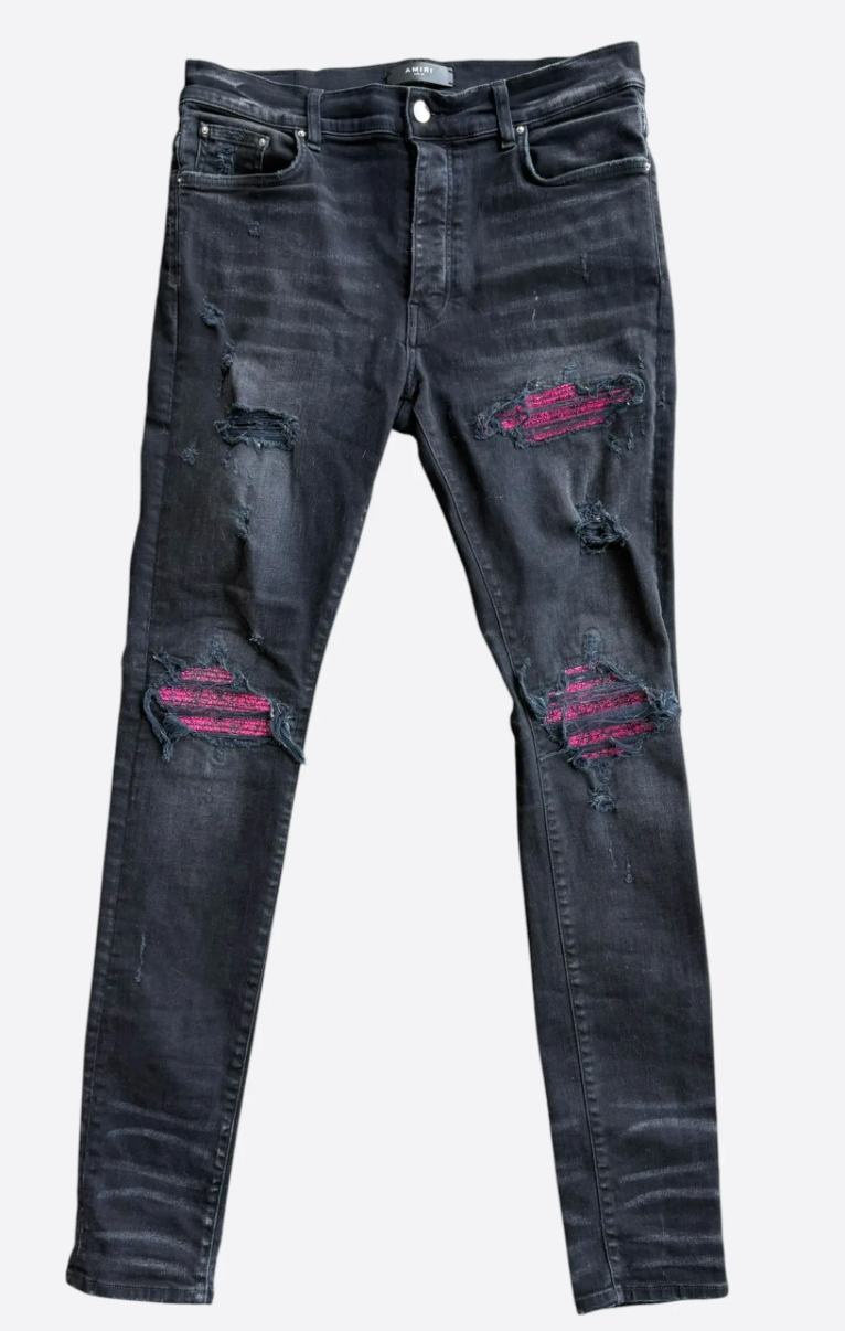 Amiri MX1 Black Wash & Pink Crackle Patch Jeans