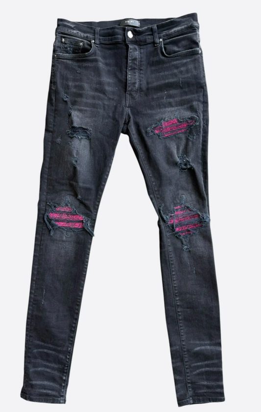 Amiri MX1 Black Wash & Pink Crackle Patch Jeans