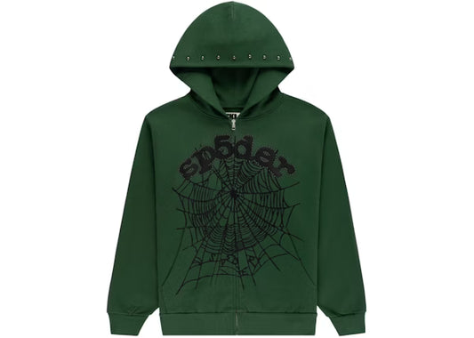 Sp5der OG Web Studded Zip Hoodie Green